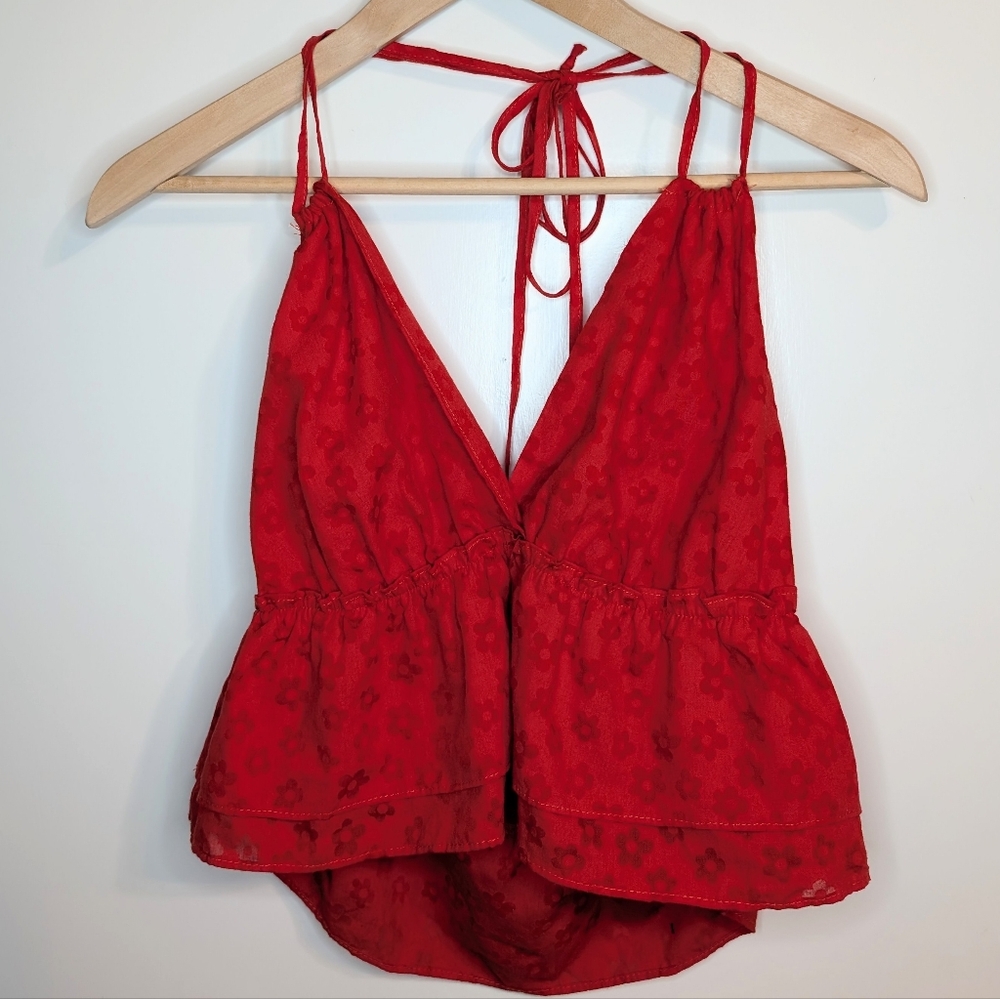 Liberty Love Red Floral Halter Top Women’s Size Large Tie Back Flowy